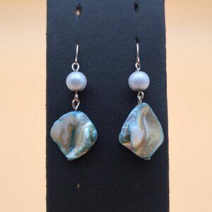 Copper Faux Pearl And Blue Shell Handmade Vintage Earrings A5955